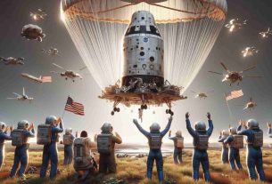 Highly detailed and realistic image of a successful return from space by the Crew-8 mission. Show the spacecraft making a remarkable landing back on Earth with parachutes engaging flawlessly. The ground crew, composed of a diverse group including a Middle Eastern woman and a Hispanic man, are eagerly awaiting to welcome the personnelback from their mission. The scene is awash with relieved joy and a sense of accomplishment, as the triumph of these astronauts signifies another impressive feat for space exploration.