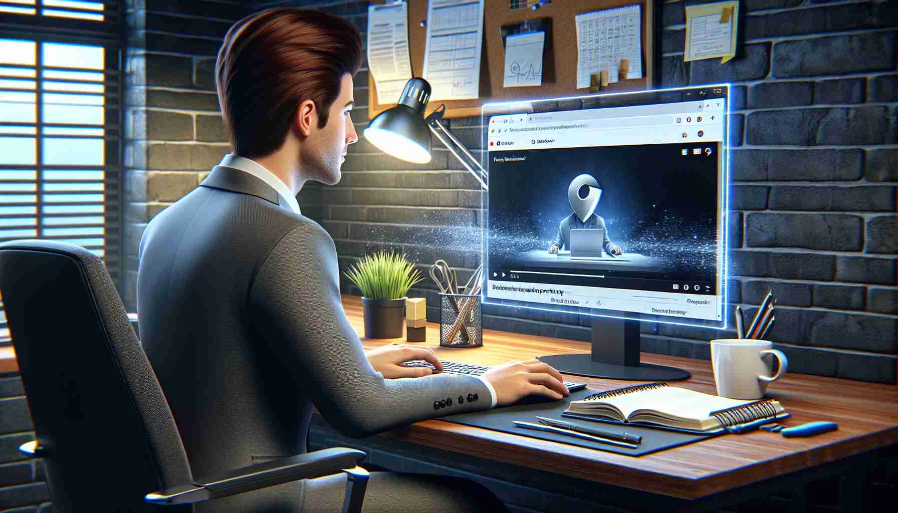 A realistic HD image showcasing the concept of enhanced productivity through a browser's background playback feature. Depict a workstation with a computer screen displaying a character using the browser. The character should be Caucasian male in professional attire, focusing on his work. On the computer screen, show the browser's window with a video playing in the background, represented as a small icon on a toolbar. The workspace should include various other elements associated with productivity such as a planner, cup of coffee, and stationery.