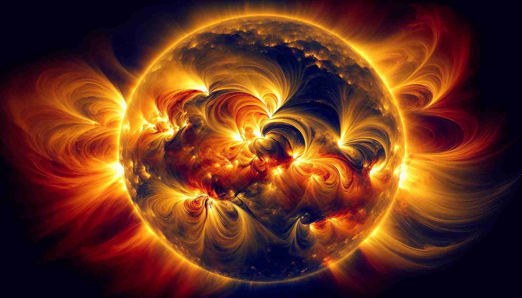 A high-definition, realistic image of an unusual solar activity painting the sky. The sun exhibits heightened activity, creating spectacular sights unseen before. Vivid hues of yellow, orange, and red dominate the frame at a time which seems like just before sunset. Intense solar flares or sunspots could be seen on the solar disc. Above, the sky morphs into an unrestricted canvass for the display of the sun's energy, boasting swirls of radiant colors and intricate patterns. The scene is both beautiful yet intimidating, reminding us of the immense power of our star.