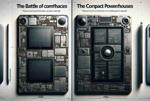 A highly detailed and realistic image depicting an illustrative comparison titled 'The Battle of Compact Powerhouses'. On one side feature the aesthetic design and notable specifications of a small, sleek, modern tablet from 2024, with generic branding, comparable to the advanced technology of an iPad Mini. On the other side, show a larger, similarly modern tablet from 2022 with a design in line with current technology trends equivalent to an iPad. Both tablets are emphasized on their difference in size and potential capabilities. Please ensure the brands are not directly specified to respect copyright.