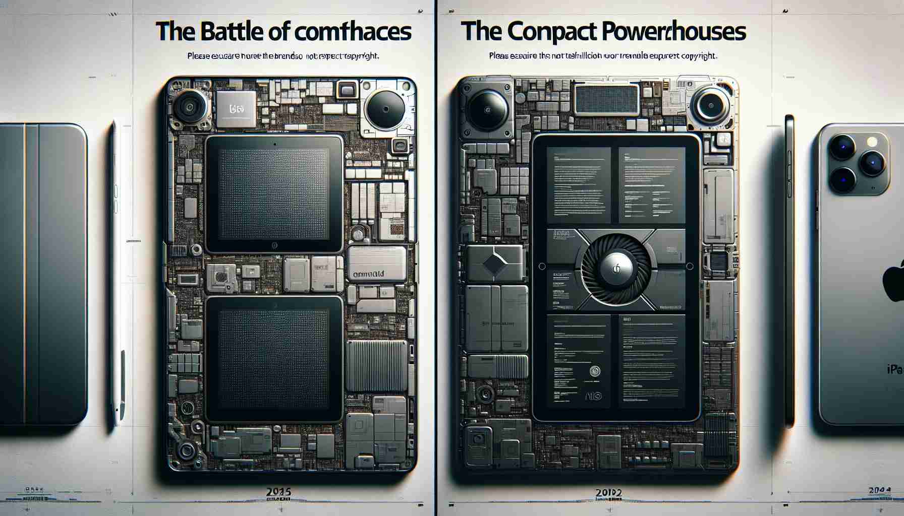 A highly detailed and realistic image depicting an illustrative comparison titled 'The Battle of Compact Powerhouses'. On one side feature the aesthetic design and notable specifications of a small, sleek, modern tablet from 2024, with generic branding, comparable to the advanced technology of an iPad Mini. On the other side, show a larger, similarly modern tablet from 2022 with a design in line with current technology trends equivalent to an iPad. Both tablets are emphasized on their difference in size and potential capabilities. Please ensure the brands are not directly specified to respect copyright.