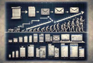 A detailed, high-definition rendition showcasing the evolution of email clients in our technologically sophisticated world. The illustration begins with the first methods of electronic messaging, depicting physical letters being sent over lines of code. As it progresses, imagery should cover the rise of early email platforms, with their simplistic UI, and a few windows representing various versions of the software. Lastly, the display culminates in a representation of modern-day email apps with intuitive and sleek design, also showing a collage of various features like spam filtering, smart replies, and emoji reactions.