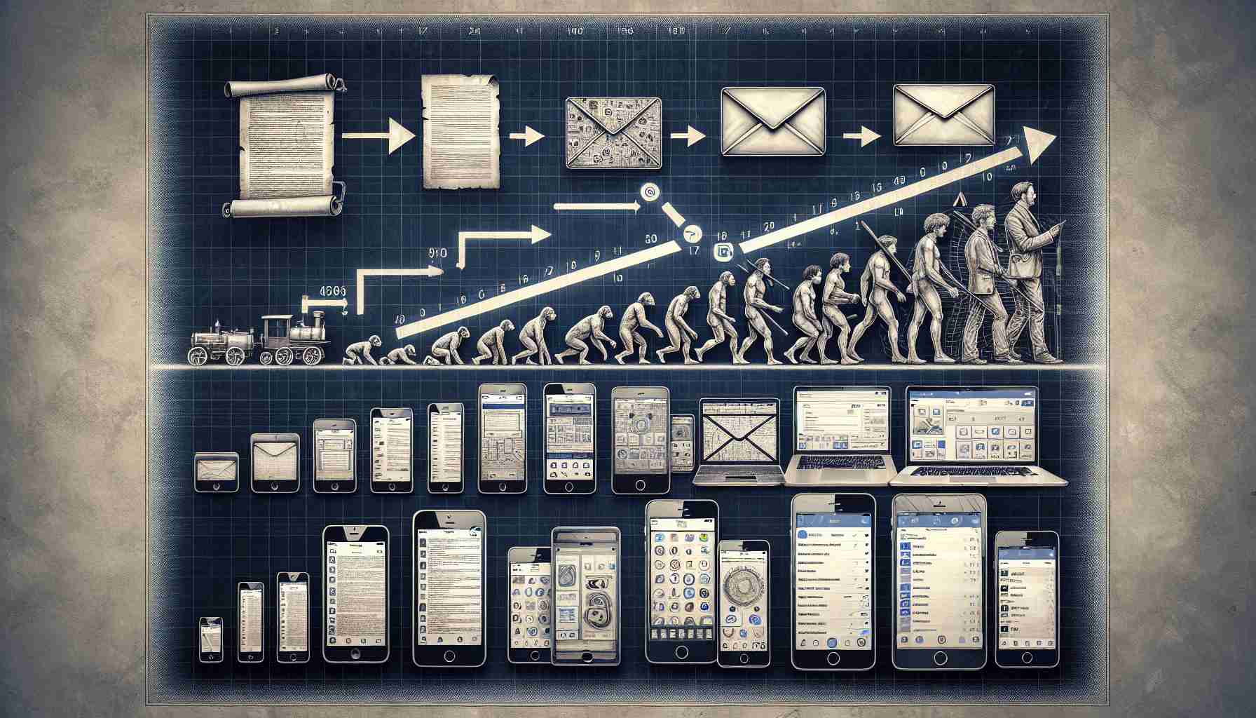 A detailed, high-definition rendition showcasing the evolution of email clients in our technologically sophisticated world. The illustration begins with the first methods of electronic messaging, depicting physical letters being sent over lines of code. As it progresses, imagery should cover the rise of early email platforms, with their simplistic UI, and a few windows representing various versions of the software. Lastly, the display culminates in a representation of modern-day email apps with intuitive and sleek design, also showing a collage of various features like spam filtering, smart replies, and emoji reactions.