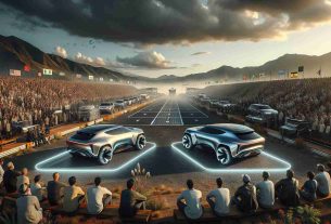 A highly detailed and realistic scene from the future, specifically the year 2025: a showdown of sports utility vehicles (SUVs). The landscape is an open-air car showcasing event under an expansive sky. The forefront features two futuristic, sleek, state-of-the-art SUVs facing off in a contrast of style and design. The SUVs have distinctive features associated with future tech, such as autonomous driving sensors, electric charging ports, solar panels, and advanced aerodynamics. The background is filled with crowds of diverse spectators eagerly watching the proceeding, men and women of various descents such as Caucasian, African, Asian, Hispanic, and Middle-Eastern. The overall atmosphere is one of excitement and anticipation.