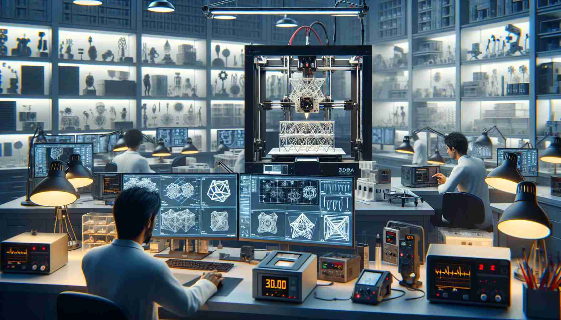 HD photo of a spacious lab environment. In the center of the image a 3D printer is operating, carefully crafting a complex geometric structure. A multitude of testing devices are surrounding the printer: oscilloscopes, multimeters, infrared cameras, etc. To the right, a South-Asian male scientist is meticulously monitoring the 3D printing process on a high-resolution computer screen, noting his observations. To the left, a Hispanic woman is analyzing previously printed parts under a large microscope. Background features shelves with various materials for printing and finished 3D printed objects. The overall atmosphere is focused and investigative.