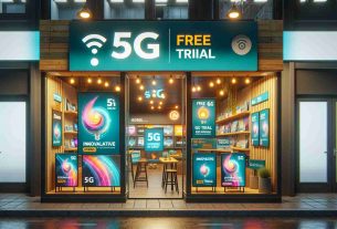 A realistic high-definition photo of a storefront for a generic telecommunications company offering enticing free trials for innovative 5G internet services. The store front can be seen vibrant and welcoming, decked with banners and posters showcasing the 5G offers. The 5G symbol is prominent alongside promotional text. The ambiance of the store augments the innovation on offer.