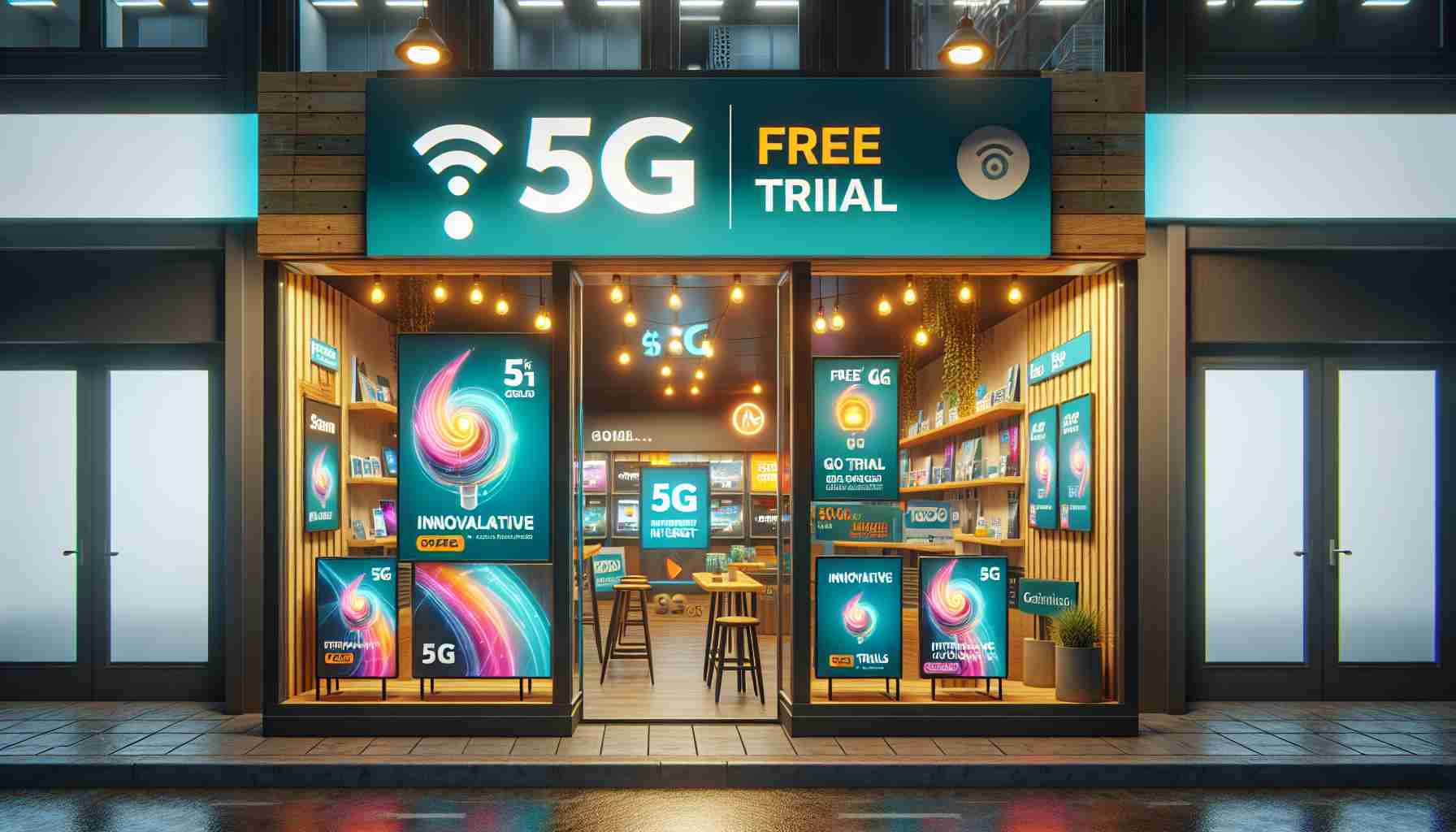 A realistic high-definition photo of a storefront for a generic telecommunications company offering enticing free trials for innovative 5G internet services. The store front can be seen vibrant and welcoming, decked with banners and posters showcasing the 5G offers. The 5G symbol is prominent alongside promotional text. The ambiance of the store augments the innovation on offer.