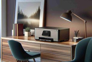 Generate a realistic high definition image of a modern, sleek home office setting. Focus on the core piece exhibit, a high-tech, richly colored printer, resting on a polished wooden desk. The printer should be compact, contemporary in design and most importantly, tank-based indicating refillable ink system. A hint of branding is visible on the printer, but without specifying the brand, it casually suggests a quality, high-performance gadget, ideal for home-based workspaces.