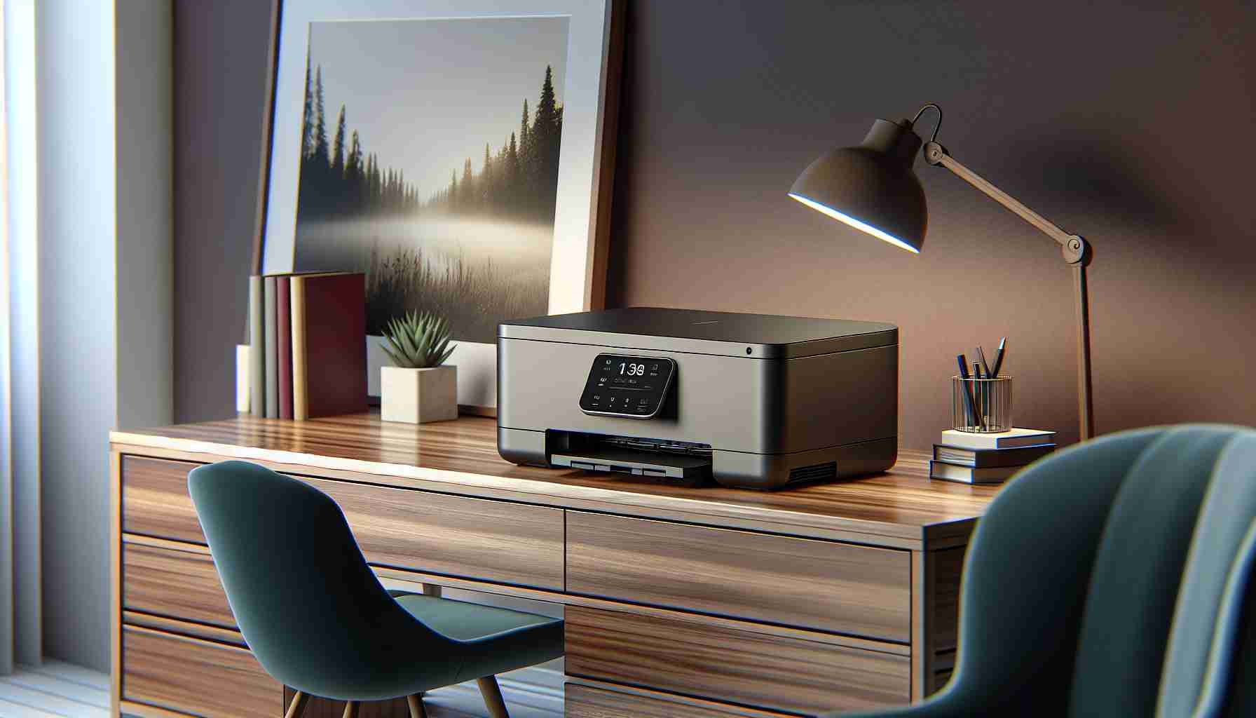 Generate a realistic high definition image of a modern, sleek home office setting. Focus on the core piece exhibit, a high-tech, richly colored printer, resting on a polished wooden desk. The printer should be compact, contemporary in design and most importantly, tank-based indicating refillable ink system. A hint of branding is visible on the printer, but without specifying the brand, it casually suggests a quality, high-performance gadget, ideal for home-based workspaces.