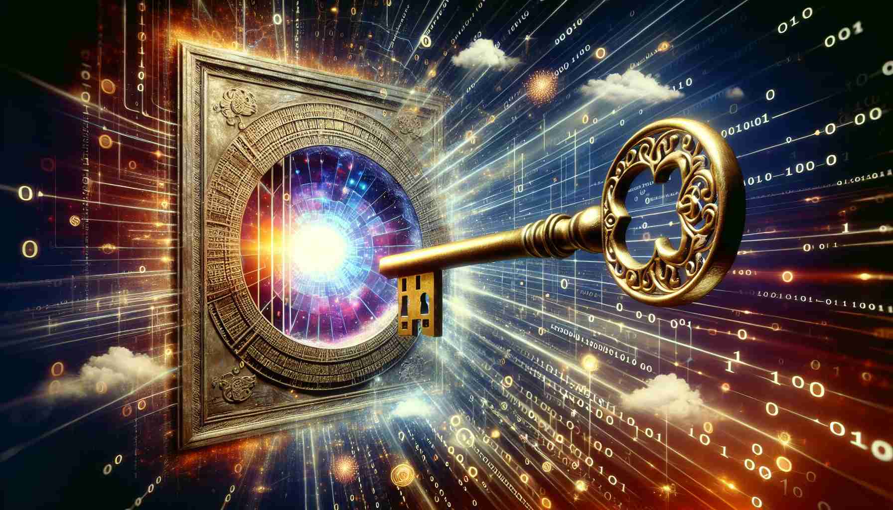 Generate a highly detailed image that signifies the unlocking of new frontiers in the digital asset world. Picture a large, old-fashioned, intricately designed brass key unlocking a resilient steel door. Behind this door, envisage a glowing portal of light representing limitless opportunities. Emanating from the portal, depict different symbols of digital assets like binary codes, cloud data storage, blockchain chains, and decentralized graphs, emerging and dispersing to evocatively symbolize the expansion and growth of digital assets.