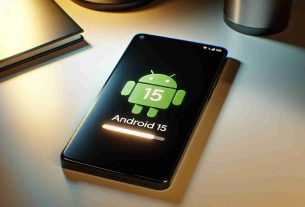 A high-definition, realistic image of a modern smartphone revealing an unexpected early update to the Android 15 operating system. The screen of the phone prominently displays the Android 15 logo along with a progress bar indicating the update process. The device is rested on a minimalistic desk with warm lighting reflecting off its screen.