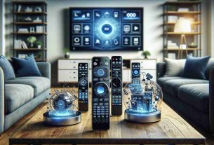 Create a realistic high-definition image that showcases the revolution in home entertainment control brought about by innovative remotes. The picture should highlight the sophistication and modernity of these controllers, showing their sleek design, advanced functionality such as buttons, touch screens, voice control features and other high-tech elements. They are in a living room setting with a large-screen TV in the background, reflecting their use as a central hub for managing all aspects of home entertainment.