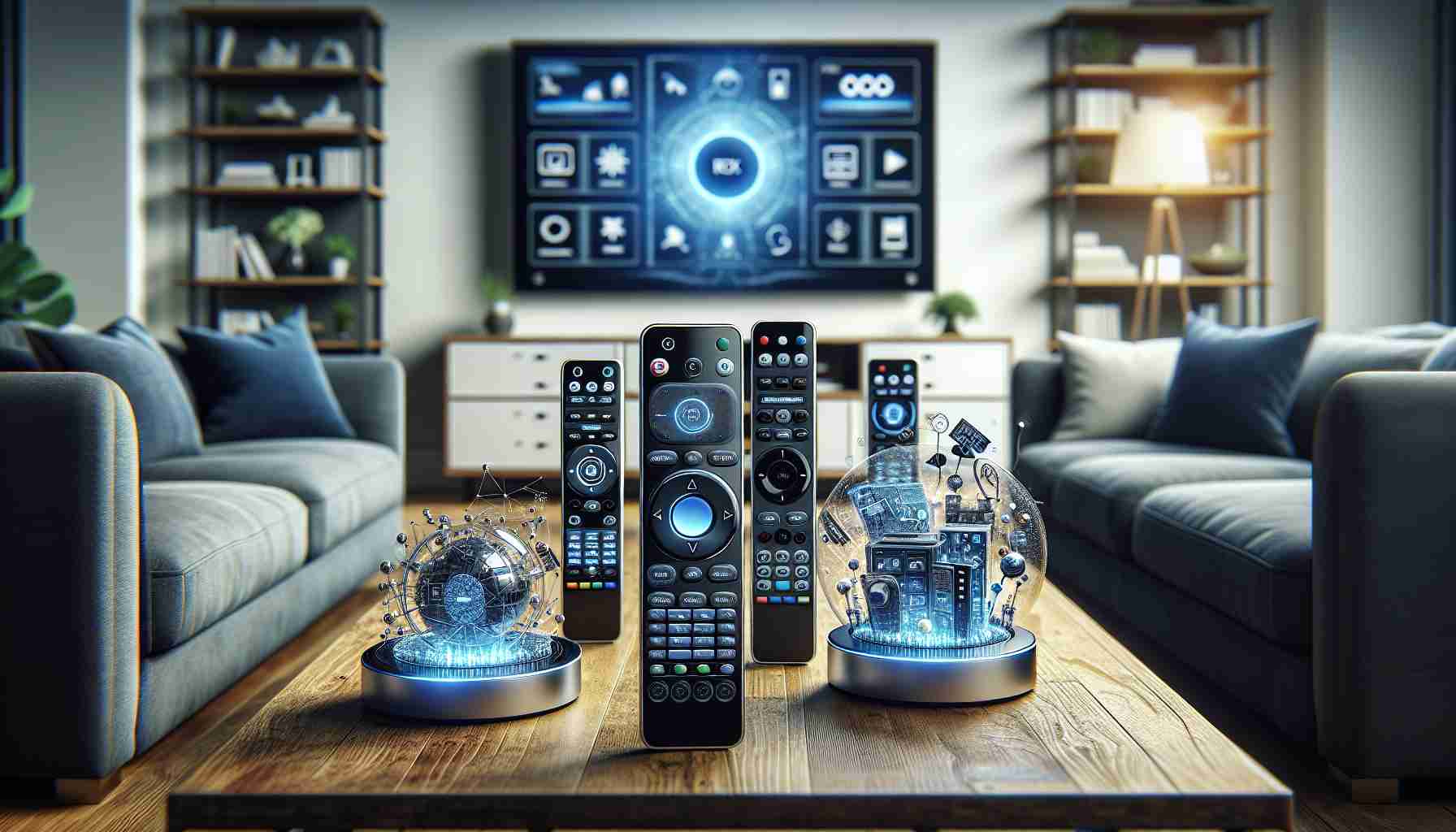 Create a realistic high-definition image that showcases the revolution in home entertainment control brought about by innovative remotes. The picture should highlight the sophistication and modernity of these controllers, showing their sleek design, advanced functionality such as buttons, touch screens, voice control features and other high-tech elements. They are in a living room setting with a large-screen TV in the background, reflecting their use as a central hub for managing all aspects of home entertainment.