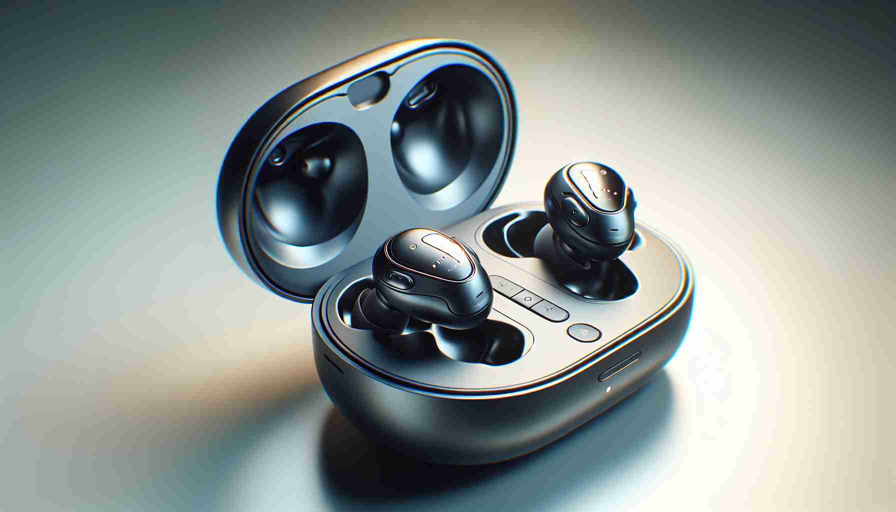 A high-resolution, realistic image of top-quality, futuristic open earbuds, indicating an advanced technology expected to be produced in 2025. The earbuds have a sleek and modern design with innovative features like touch controls, wireless connection, and superior sound quality. They have a dedicated charging case which is compact and portable. They're portrayed in an engaging manner, perhaps displayed on a clean, surface with soft lighting, accentuating their design and build quality.