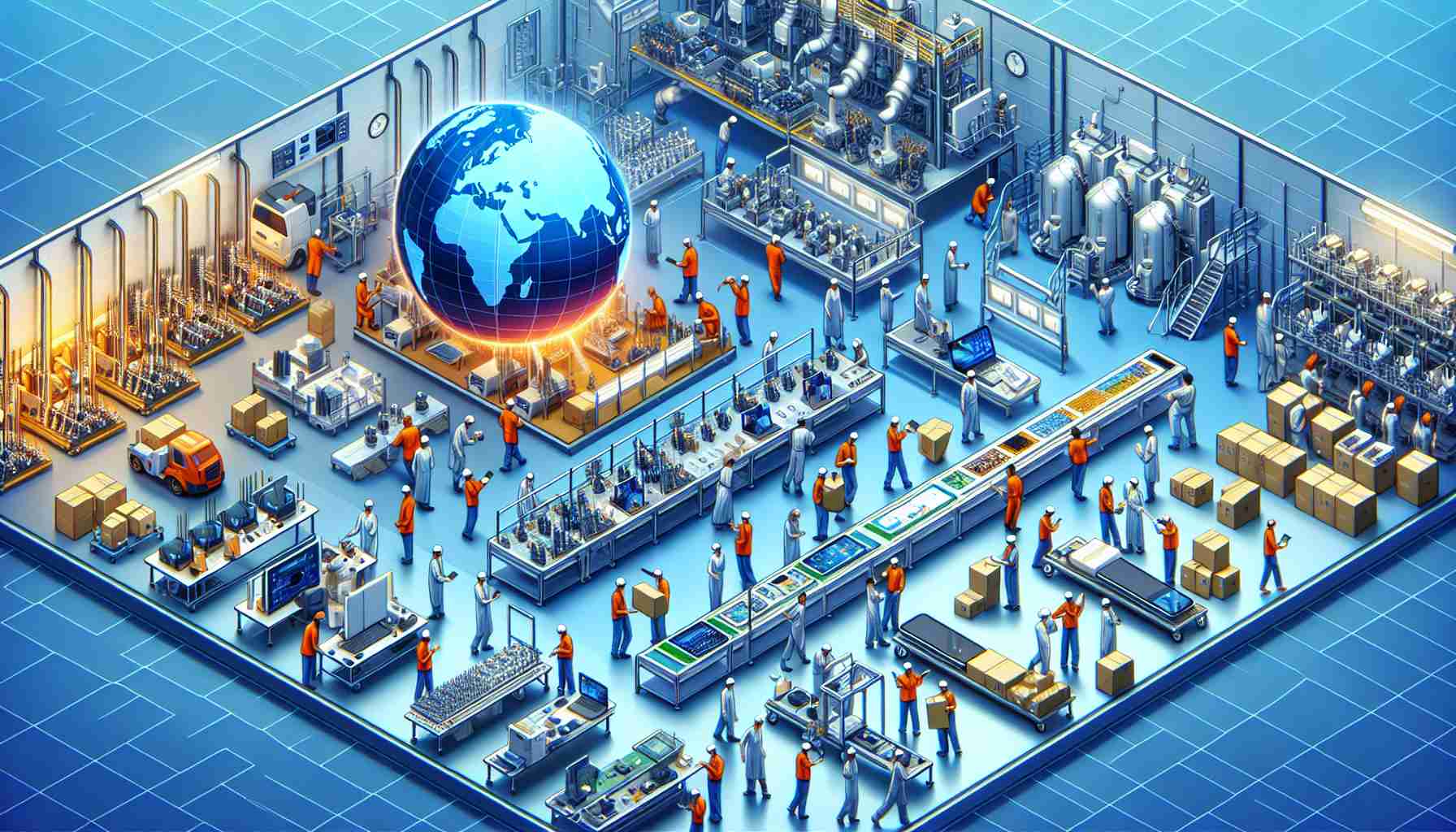 Generate a high-definition, realistic scene of global manufacturing of technological devices. The image should include various sections illustrating different stages: component sourcing from various parts of the world, assembly lines with workers of different descents such as Caucasian, African, East Asian, etc. conveying a multinational workforce, quality checking with both male and female professionals ensuring the devices meet set standards, and finally packaging for distribution. Also depict various technological devices like smartphones, laptops, VR headsets in different stages of production.