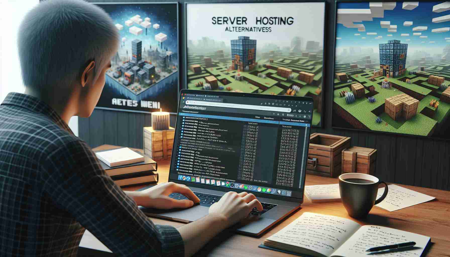 A very high definition and realistic image of a person sitting at a desk, engrossed in research about alternative hosting options for a popular block-based sandbox video game. On the desk, there's an open laptop with several tabs open about server hosting alternatives. Beside the laptop, there are some written notes and a cup of coffee. In the background, there are posters of pixelated environments, representing scenes from the mentioned game. The overall atmosphere is that one of focused exploration and research.