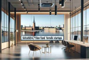 Capture a high-definition, realistic image of a venture capital firm, located in Stockholm, with a digital screen behind showcasing a news headline 'Secured €71million Fund for Nordic Startups'. The office should be modern with elements of Swedish design such as light wood furniture, minimalistic décor, and large glass windows providing a stunning view of Stockholm's cityscape.