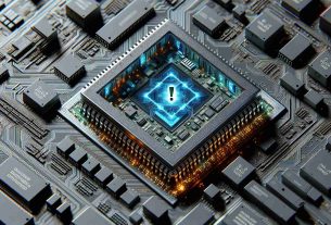 Highly detailed and realistic image of a major technology chipset, showing a digital visual representation indicative of a new vulnerability discovered. The chipset should be intricately designed with visible circuits and transistors. There should be some visual cues, such as warning signs or an exclamation mark, designating the discovered vulnerability area.