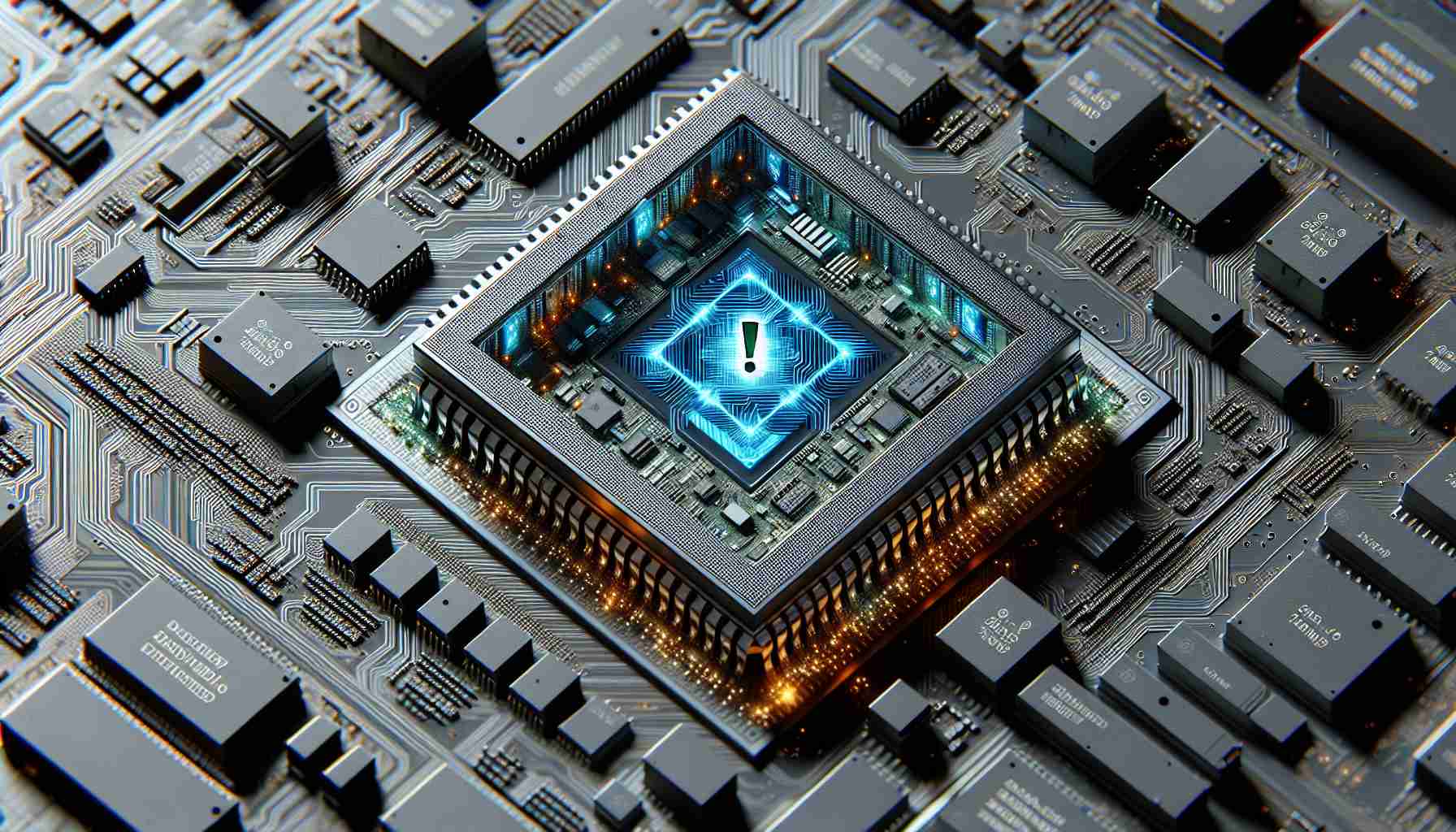 Highly detailed and realistic image of a major technology chipset, showing a digital visual representation indicative of a new vulnerability discovered. The chipset should be intricately designed with visible circuits and transistors. There should be some visual cues, such as warning signs or an exclamation mark, designating the discovered vulnerability area.