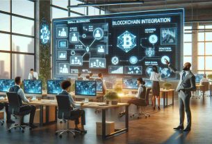 Generate a high-definition, realistic image that depicts the future of blockchain integration for small businesses. The scene should show a small business office illustrating blockchain operations: workers of various descents such as Hispanic, Caucasian, and Middle Eastern at workstations with digital screens displaying blockchain data and graphs. An African or South Asian business leader is pointing at an interactive board showing the flow and security of digital transactions. There is a sense of collaboration, growth, and technical advancement in the air.