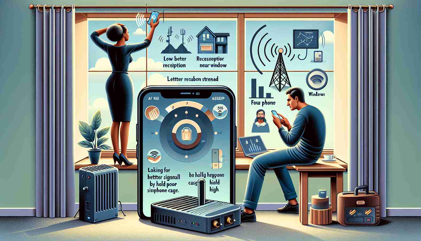 A high-definition image showing various techniques for enhancing cellphone signal strength. On the left, a person of Black descent positioned near a window is using her phone, symbolizing better reception near windows. To the right, a Caucasian man holds his phone high with an effortless posture which indicates looking for a better signal by holding cellphone high. In the center, an image of a signal booster device, a popular device to enhance signal strength, rests on a table. Above, an infographic on the importance of clearing phone cache for maintaining good signal, completes the image.