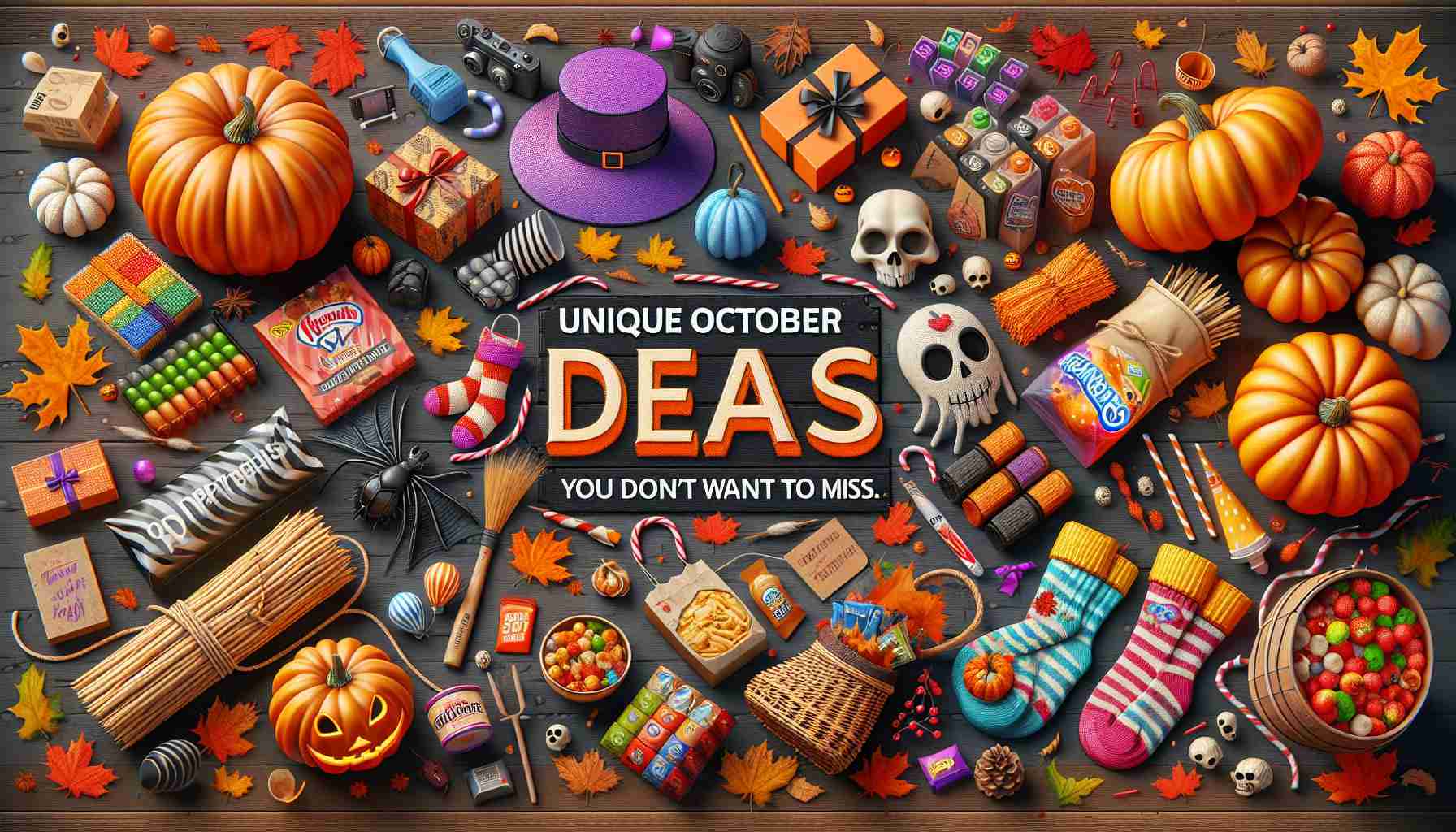 A high-definition, realistic image showing a variety of special deals for the month of October. The offers could consist of various items like pumpkins, costumes, autumn decorations, spooky-themed products, and fall food essentials. Highlight the deals with vibrant colors and elements of excitement. Use graphical tags or banners to indicate substantial discounts, offers, and irresistible savings. Text should be included that reads 'Unique October Deals You Don't Want to Miss.'