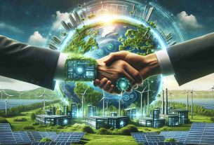 A high-definition image depicting the future of energy revolution. A partnership symbolized by hands shaking, is set against a backdrop of a globe, covered in greenery, signifying sustainable power. Solar panels and wind turbines dot the green landscapes, while futuristic energy-efficient buildings peek from behind. The emphasis is on technology and environmentally-friendly solutions with digital screens displaying energy consumption and renewable resources statistics. Please note the lack of any brand or company logos.