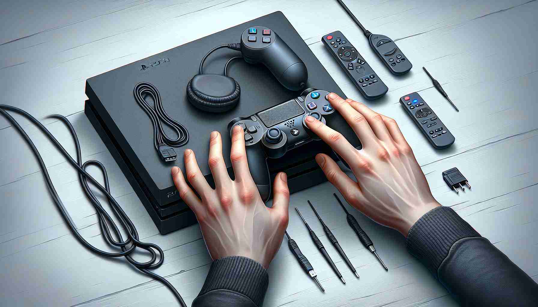 Realistic, highly detailed depiction of a step-by-step guide on conducting a complete reset procedure on a typical gaming console, complete with the console, instruction texts, and hand movements.