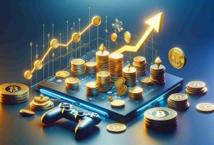 Render a high-definition, realistic image that represents the concept of revolutionizing gaming through top blockchain projects for investment. Visualize symbolic objects such as coins, blockchains, and gaming controllers. Additionally, include elements like graphs or charts indicating growth and a bright, rising arrow to symbolize a successful investment. Mark these objects with hues of gold to portray the valuable potential of such investments. Avoid including any specific company logos or brand names. Remember to build a futuristic and technological aesthetic throughout the image.