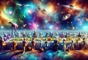 Generate a high-definition, realistic image of a grand intergalactic feast: A cosmic celebration set against the backdrop of the unfathomable depths of space. Visualize a long table filled with all sorts of alien delicacies, surrounded by various extraterrestrial beings of different shapes, sizes, and colors. They are all celebrating, talking, laughing, and enjoying the feast. In the celestial sky, there are bright, colourful nebulas, stars and galaxies, providing a surreal and enchanting ambience, illuminating the feast and casting long shadows.