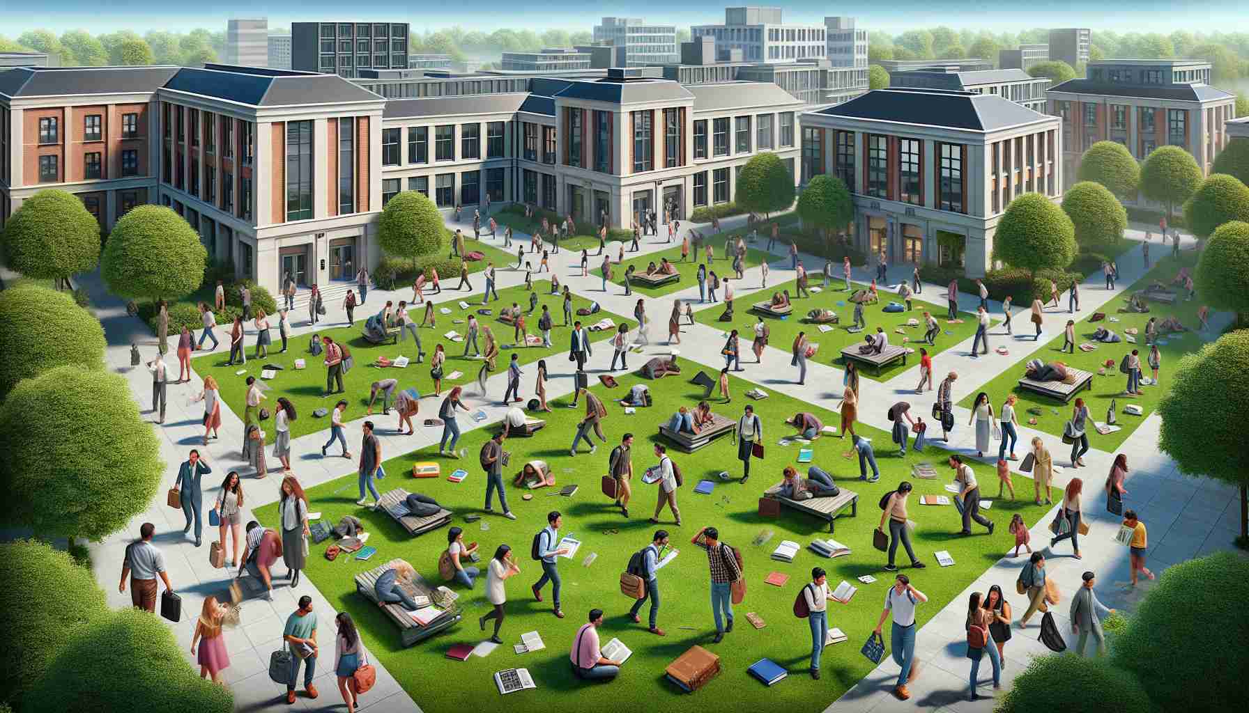 A high-definition, realistic image of a busy campus on a day filled with forgetfulness. Various people are seen misplaced their textbooks, searching for lost items, forgetting their class schedules. The scene also includes buildings recognisable as university buildings, well-trimmed green lawns, students of diverse genders and descents such as Caucasian, Black, Hispanic, Middle-Eastern and South Asian. They are hustling around with an air of confusion and frustration, as they try to make sense of their forgetful day.