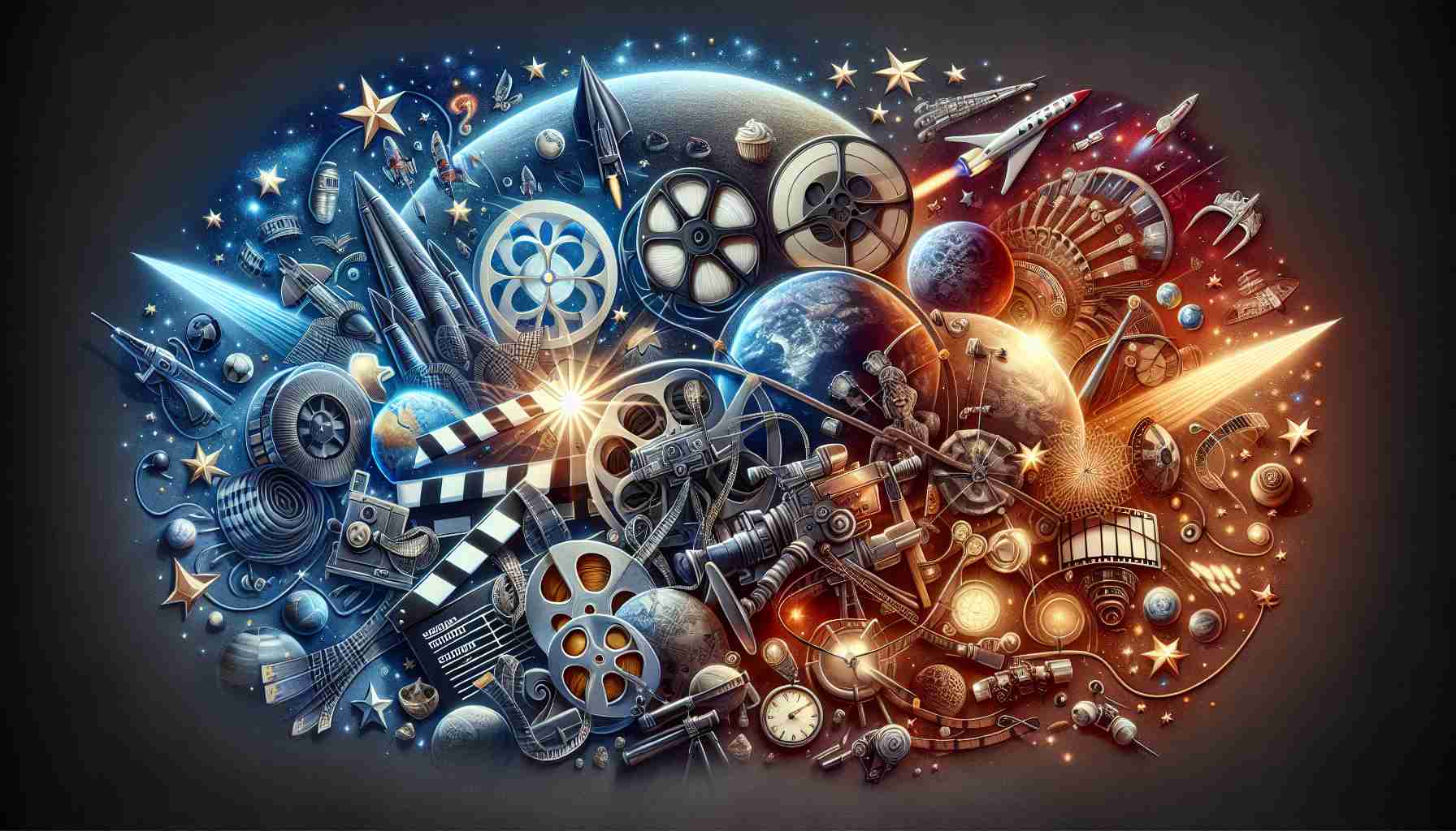 An image that depicts the concept of exploring new worlds conveyed through a selection of unique films. This could include motifs from classic cinema such as film reels, clapperboards, director's chair, along with symbolic elements like stars, planets, and space crafts to represent the new worlds. All should be arranged in an eye-catching and artistic manner to suggest the variety and breadth of cinema exploration. The overall design should make the viewer think of the magical allure of the movies and the excitement of venturing into unknown territories. Display this composition in a high-quality, realistically rendered style.