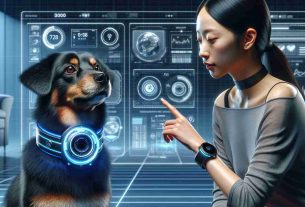 Create a highly detailed, realistic image showcasing the new age of communication between pets and humans, facilitated by wearable technology. The focus of the image should be a hi-tech collar or similar device worn by a dog, a common house pet. This tech gadget is equipped with digital screens, buttons, and sensors, allowing seamless communication. The human, an Asian woman, interacts with the device, illustrating the human-pet connection. Additionally, include a background setting that indicates a modern, technologically advanced environment.