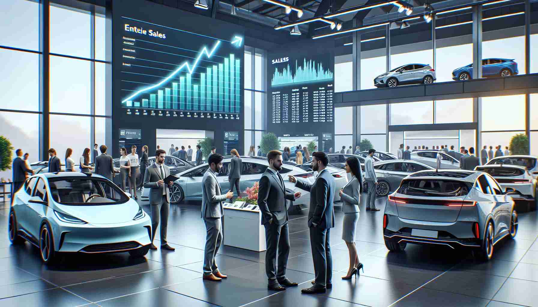 A high-definition, realistic image depicting a surge in electric car sales. This scene includes a busy showroom filled with sleek, modern electric cars and enthusiastic customers, interacting with equally enthusiastic salespeople. The staff are presenting the features of these environmentally friendly vehicles, and customers are closely inspecting cars, looking at specification sheets, or discussing finance options. Digital screens on the walls show rising sales graphs, symbolizing the surge in sales. The atmosphere is filled with a sense of triumph and perseverance, showcasing a thriving business despite facing challenging situations.