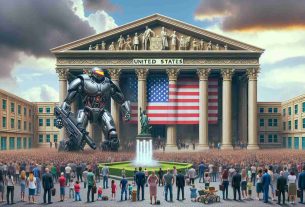 Create a visual metaphor of an escalating legal battle between a large tech corporation and the U.S Government, represented respectively by a giant futuristic robot and an imposing classical building adorned with United States symbols. The atmosphere is tense, the sky is cloudy and overcast, and there's a crowd of diverse people watching the standoff, showing different reactions - worry, anticipation, curiosity. All individuals are random and don't represent specific people. The scene is depicted in a highly detailed and realistic manner.