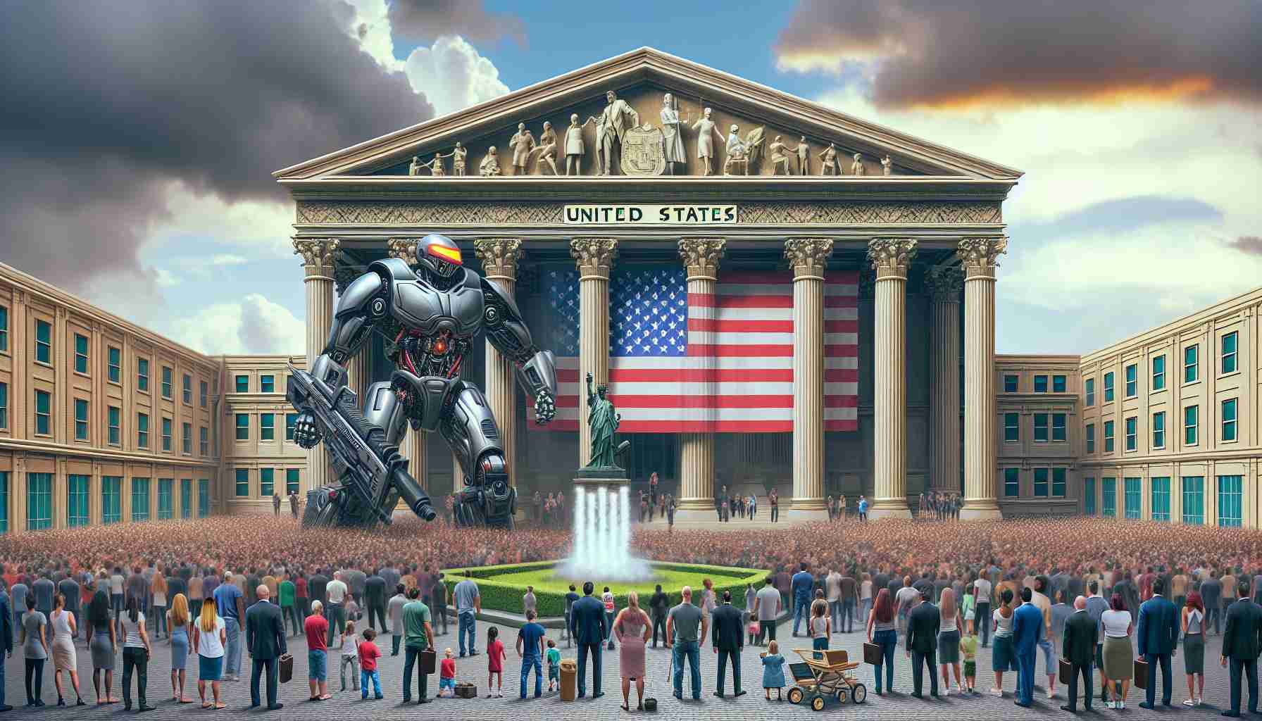 Create a visual metaphor of an escalating legal battle between a large tech corporation and the U.S Government, represented respectively by a giant futuristic robot and an imposing classical building adorned with United States symbols. The atmosphere is tense, the sky is cloudy and overcast, and there's a crowd of diverse people watching the standoff, showing different reactions - worry, anticipation, curiosity. All individuals are random and don't represent specific people. The scene is depicted in a highly detailed and realistic manner.