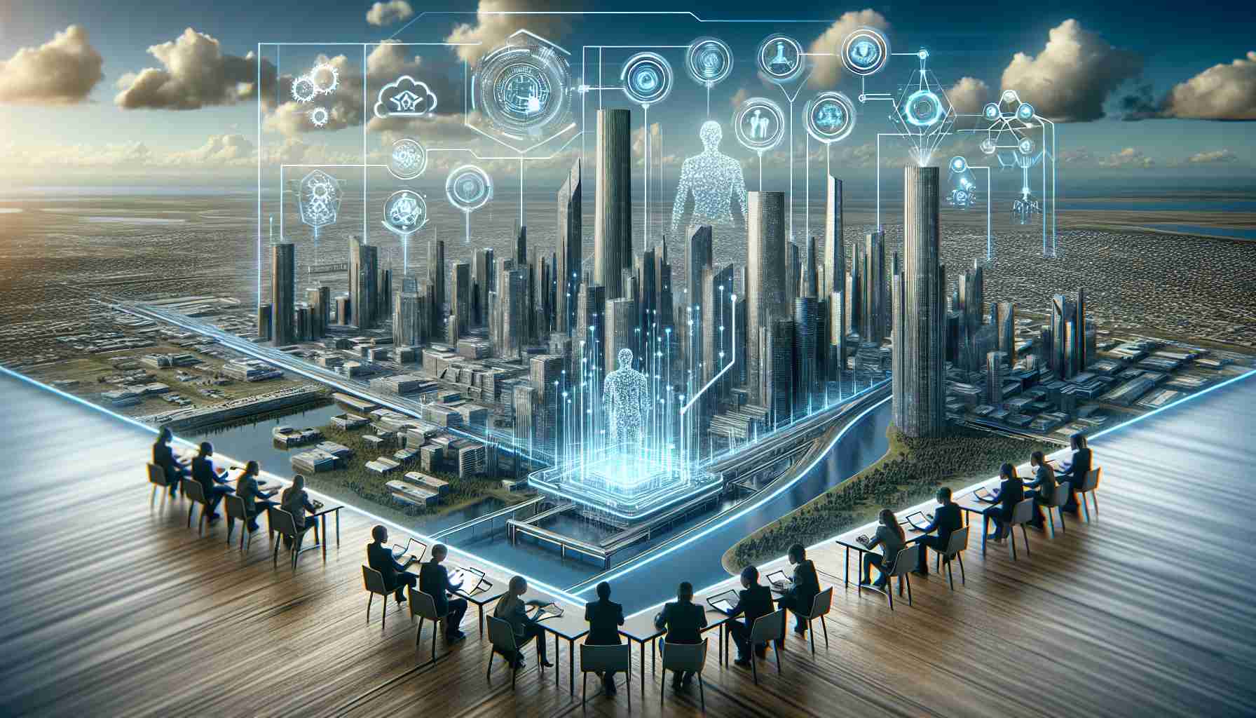 A hyperrealistic rendering of a conceptual future scene where artificial intelligence has had a significant impact on the strategies of service providers. Picture a landscape of futuristic buildings with sleek skyscrapers and interconnected networks, and within them, data analysts of various descents and genders, using AI tools to streamline processes and optimize deliveries. Graphic overlays could highlight AI's influence on strategic planning, process automation, and customer experience innovations.