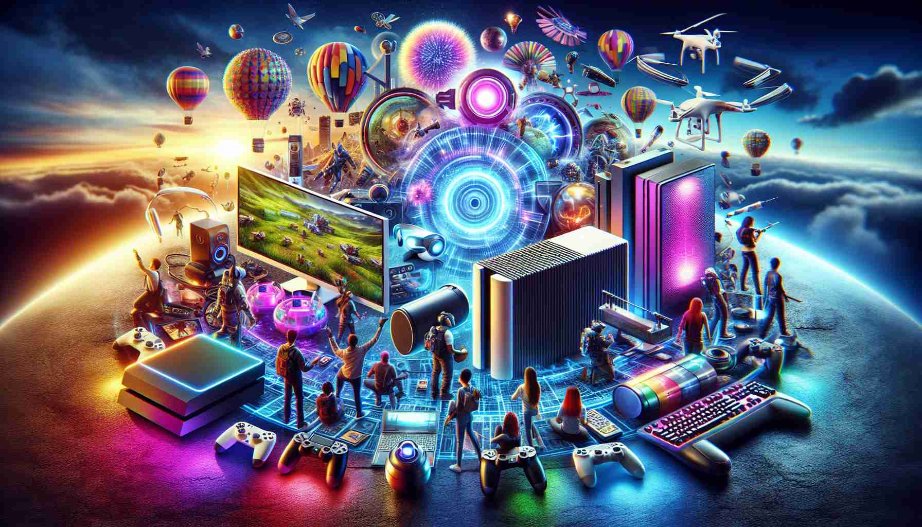 An ultra-high definition, realistic image showcasing the concept of Fresh Horizons in the gaming industry. Picture it to be full of vibrant, riveting elements like next-generation gaming consoles, aesthetically pleasing gaming PCs brimming with RGB lights, immersive virtual reality headsets, and futuristic holographic gaming setups. The backdrop could be a horizon to signify the progress and possiblities. Also include gamers of different genders and descents, from Hispanic female to Asian male, engaging enthusiastically with these resources, expressing the exciting times the industry is going through.