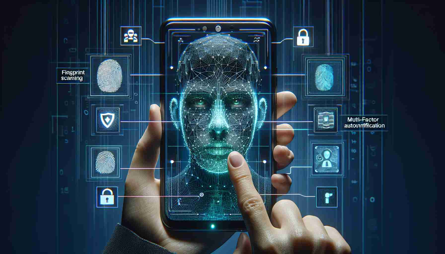 A high-definition, highly realistic image depicting the newest security features for Android devices, aimed at enhancing device protection. This could include visuals of fingerprint scanning, face recognition, multi-factor authentication, encrypted data, secure network connections, or locked apps. Also show how these features interact with the device interface and, potentially, with a user.