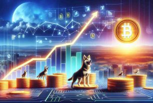 Generate a realistic, high-definition image that portrays the metaphorical rise of CanineCoin within the context of the cryptocurrency world. The scene should feature symbolic elements such as ascending financial diagrams, digital landscapes, and metaphoric representations of the dog-inspired cryptocurrency.