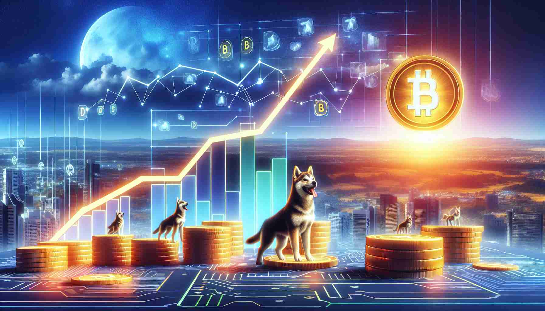 Generate a realistic, high-definition image that portrays the metaphorical rise of CanineCoin within the context of the cryptocurrency world. The scene should feature symbolic elements such as ascending financial diagrams, digital landscapes, and metaphoric representations of the dog-inspired cryptocurrency.