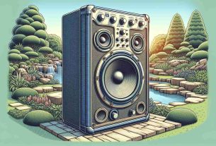 Generate a realistic high-definition image of top-tier outdoor speakers, meticulously designed for exceptional sound quality and durability. The illustration should emphasize their sturdy construction and all-weather resistance, with design elements that blend seamlessly with an outdoor setting. The speakers should be displayed in a beautifully landscaped garden during the daytime, to show their ability to harmonize with various outdoor environments. Also, include fine details such as control knobs, output ports, and grill pattern to reinforce their high-end status in the audio equipment world.