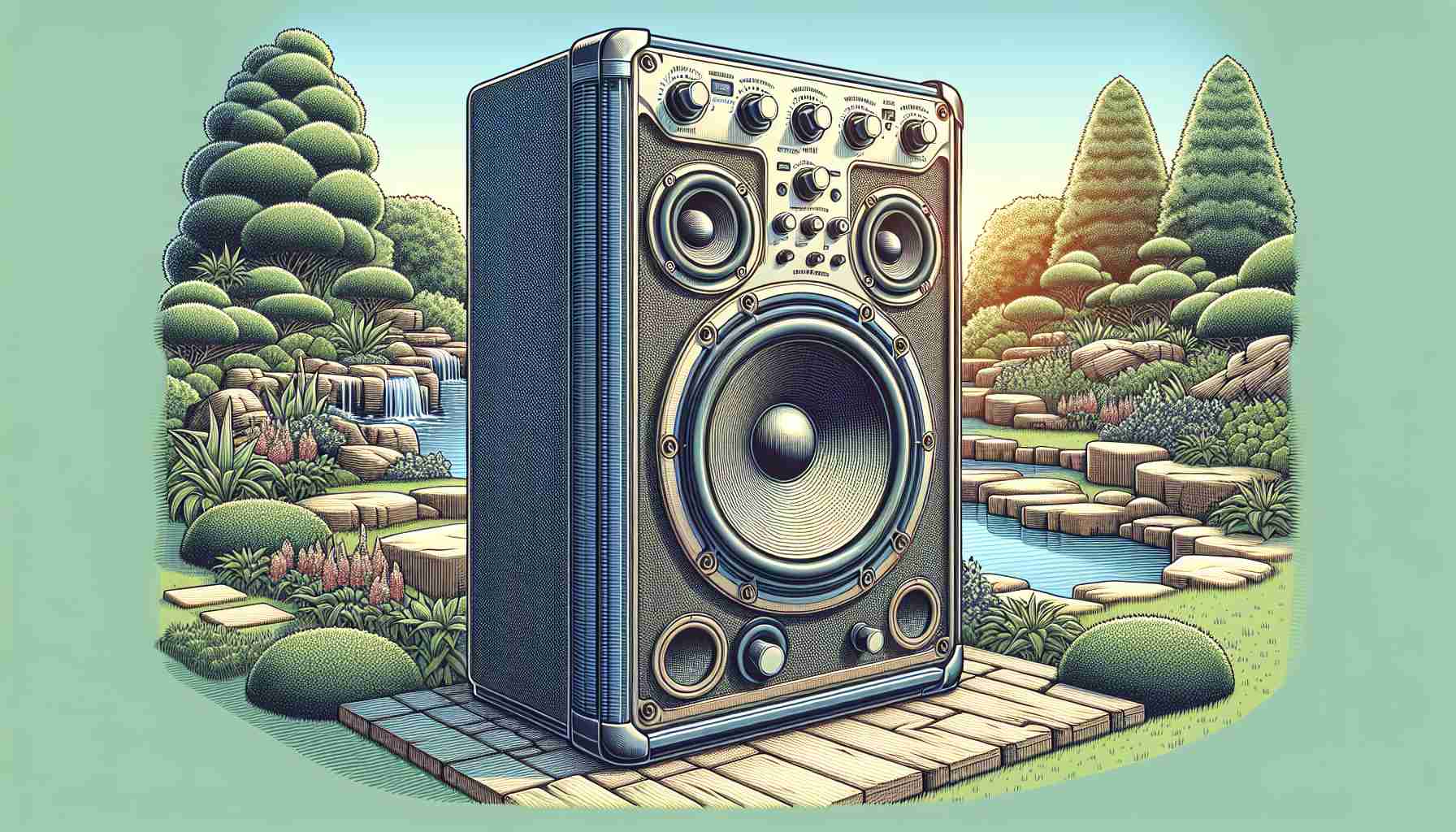 Generate a realistic high-definition image of top-tier outdoor speakers, meticulously designed for exceptional sound quality and durability. The illustration should emphasize their sturdy construction and all-weather resistance, with design elements that blend seamlessly with an outdoor setting. The speakers should be displayed in a beautifully landscaped garden during the daytime, to show their ability to harmonize with various outdoor environments. Also, include fine details such as control knobs, output ports, and grill pattern to reinforce their high-end status in the audio equipment world.