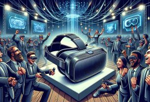 Detailed and high-definition image depicting the thrilling launch of a Virtual Reality product named 'VR Vibe'. The scene includes a range of related elements such as the VR headset itself, its sleek design and high-tech features prominently displayed, along with individuals of varying descents and genders expressing joy and anticipation, possibly trying the gadget. The ambience displays a futuristic, technologically advanced setting with immersive lights and dynamic displays presenting the VR Vibe's capabilities.