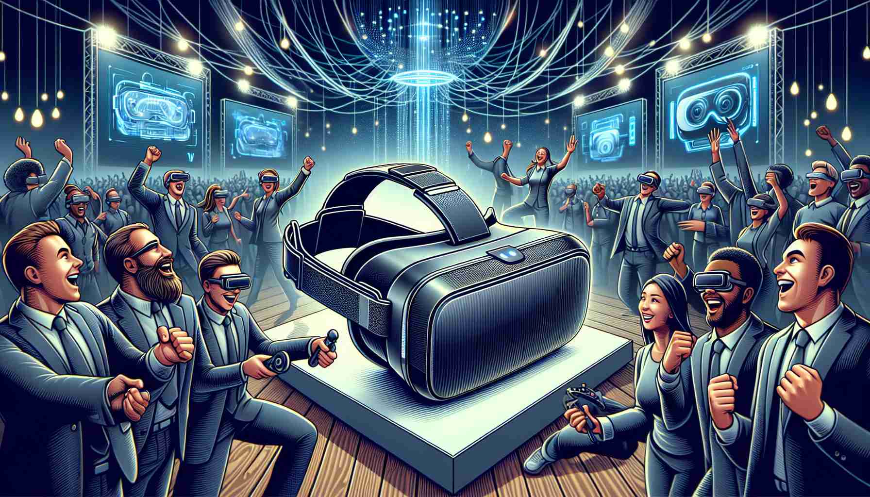 Detailed and high-definition image depicting the thrilling launch of a Virtual Reality product named 'VR Vibe'. The scene includes a range of related elements such as the VR headset itself, its sleek design and high-tech features prominently displayed, along with individuals of varying descents and genders expressing joy and anticipation, possibly trying the gadget. The ambience displays a futuristic, technologically advanced setting with immersive lights and dynamic displays presenting the VR Vibe's capabilities.