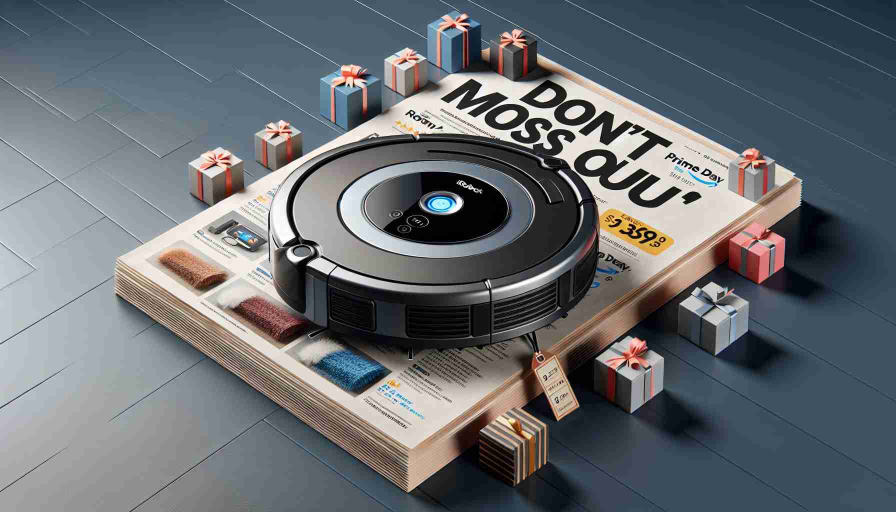 Realistic high-definition image of a commercial advertisement, promoting an appealing deal for a popular robotic vacuum cleaner model, the iRobot Roomba j7+. The advertisement should have a bold headline stating 'Don't Miss Out', and a distinctive section highlighting the special occasion of Prime Day. The robotic vacuum should be visually appealing, presented in its most favourable angle. Add elements related to shopping and deals to enhance the marketing aspect of the image.