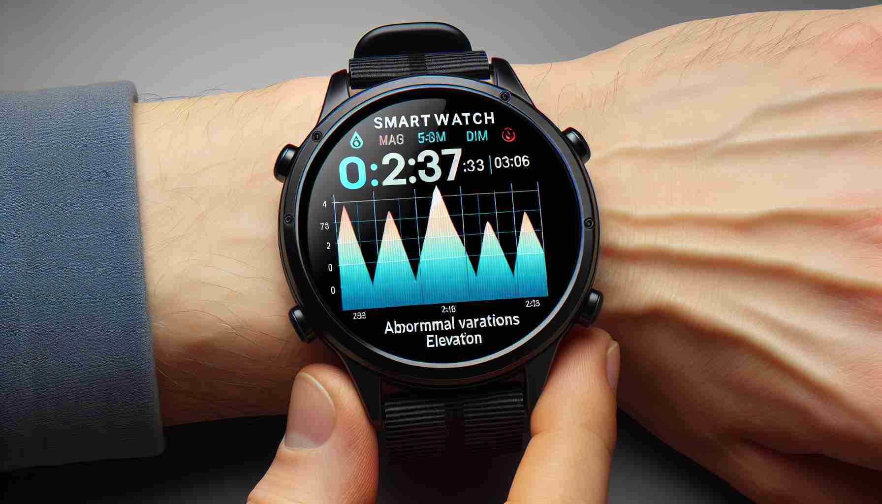 Create a high-definition, realistic image of a smartwatch interface displaying abnormal variations in elevation statistics. This image should reflect a sense of concern due to the erratic data patterns displayed on the smartwatch screen.