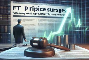 Create a realistic, high definition image depicting a financial news headline: 'FTT Price Surges Following Court Approval for FTX's Repayment Plan'. This scene should capture the positive market response with a graph chart skyrocketing upwards, indicating an increase in the FTT price. Accompany this with a court gavel to signify the court approval. The text of the headline should be the focal point of the image.