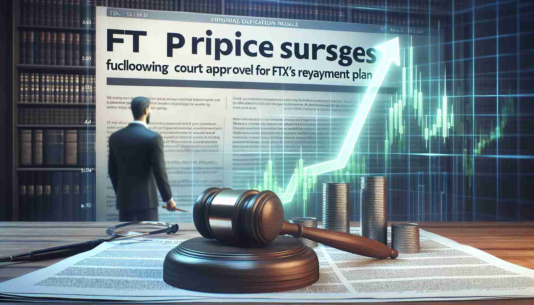 Create a realistic, high definition image depicting a financial news headline: 'FTT Price Surges Following Court Approval for FTX's Repayment Plan'. This scene should capture the positive market response with a graph chart skyrocketing upwards, indicating an increase in the FTT price. Accompany this with a court gavel to signify the court approval. The text of the headline should be the focal point of the image.