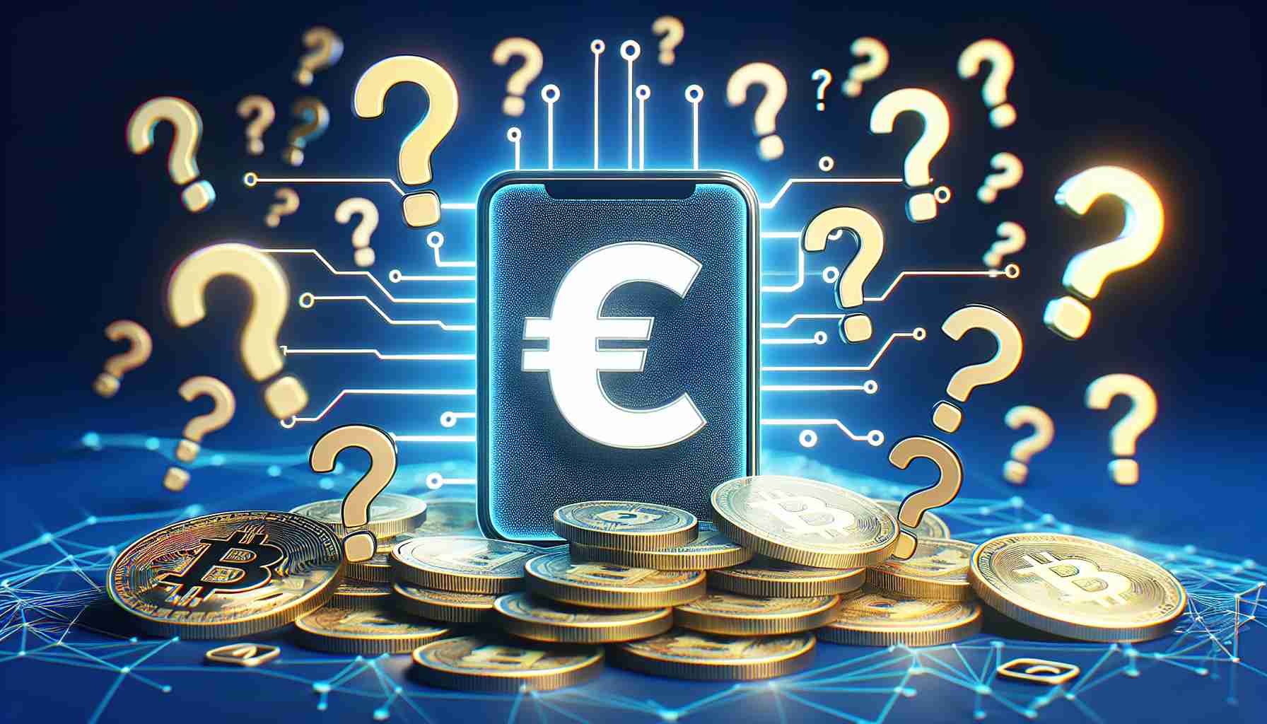 Create a high-definition realistic image that features a virtual currency symbol associated with a popular short-form video sharing app, surrounded by question marks and exclamation points. This imagery is intended to symbolically represent potential concerns for potential misuse, such as money laundering.